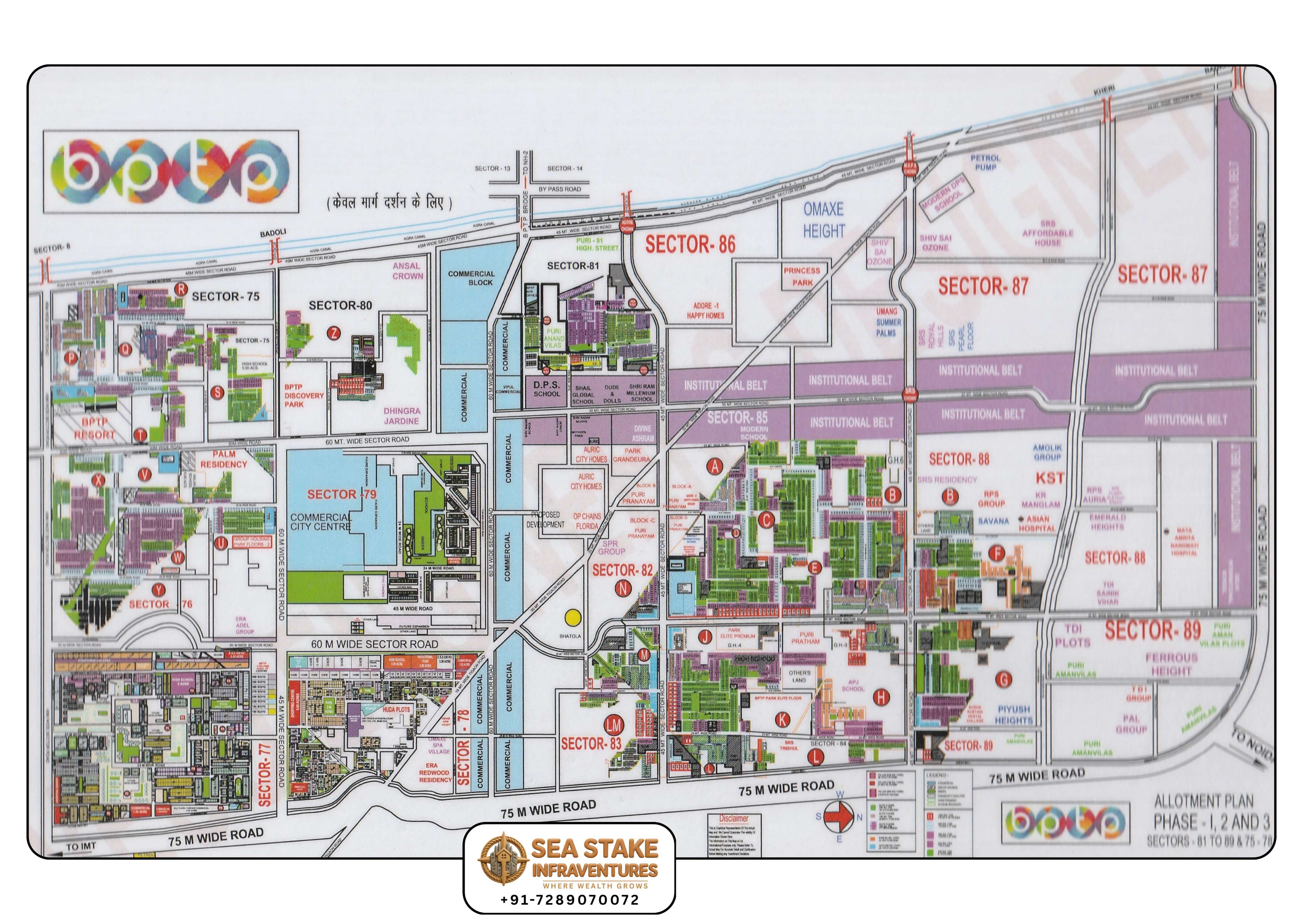 BPTP master layout map showing township planning across Sectors 75 to 89 in Greater Faridabad with residential sectors, commercial areas, institutional belts, schools, hospitals and wide roads