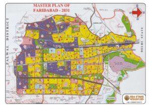 Faridabad Master Plan 2031 showing sector-wise development, residential, commercial, industrial, institutional areas, green belts, highways and future urban planning