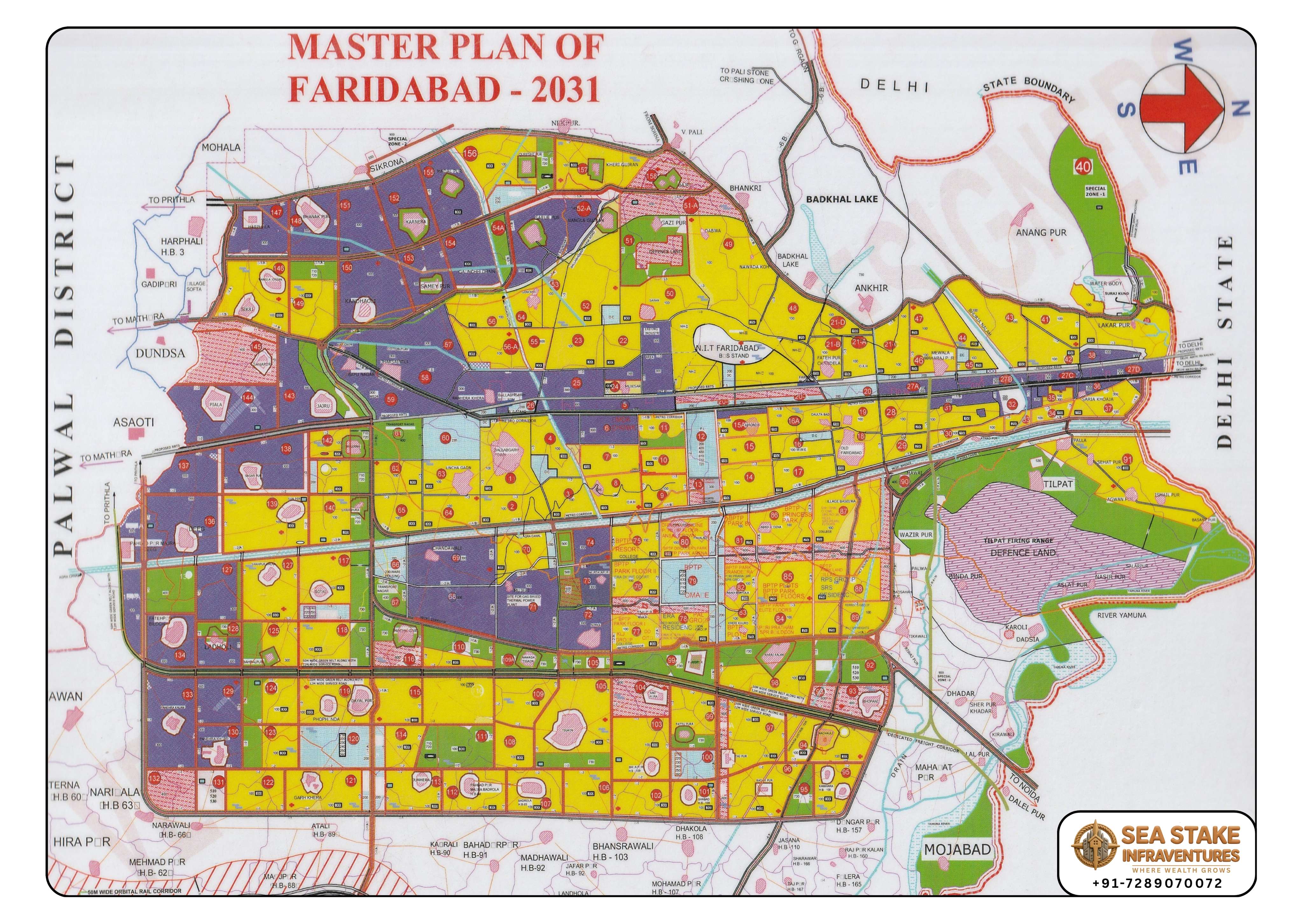 Faridabad Master Plan 2031 showing sector-wise development, residential, commercial, industrial, institutional areas, green belts, highways and future urban planning