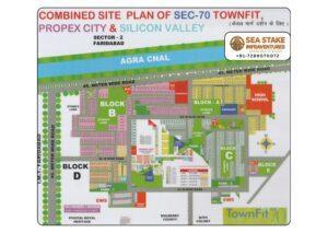 Sector 70 TownFit combined site plan showing Propex City, Silicon Valley, Blocks A to E, residential plots, parks, commercial area, schools and road network in Faridabad