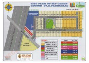SLF Green Sector 97 Faridabad site plan showing Indraprastha Greens residential plots, SCO block, community area, green parks and internal road layout