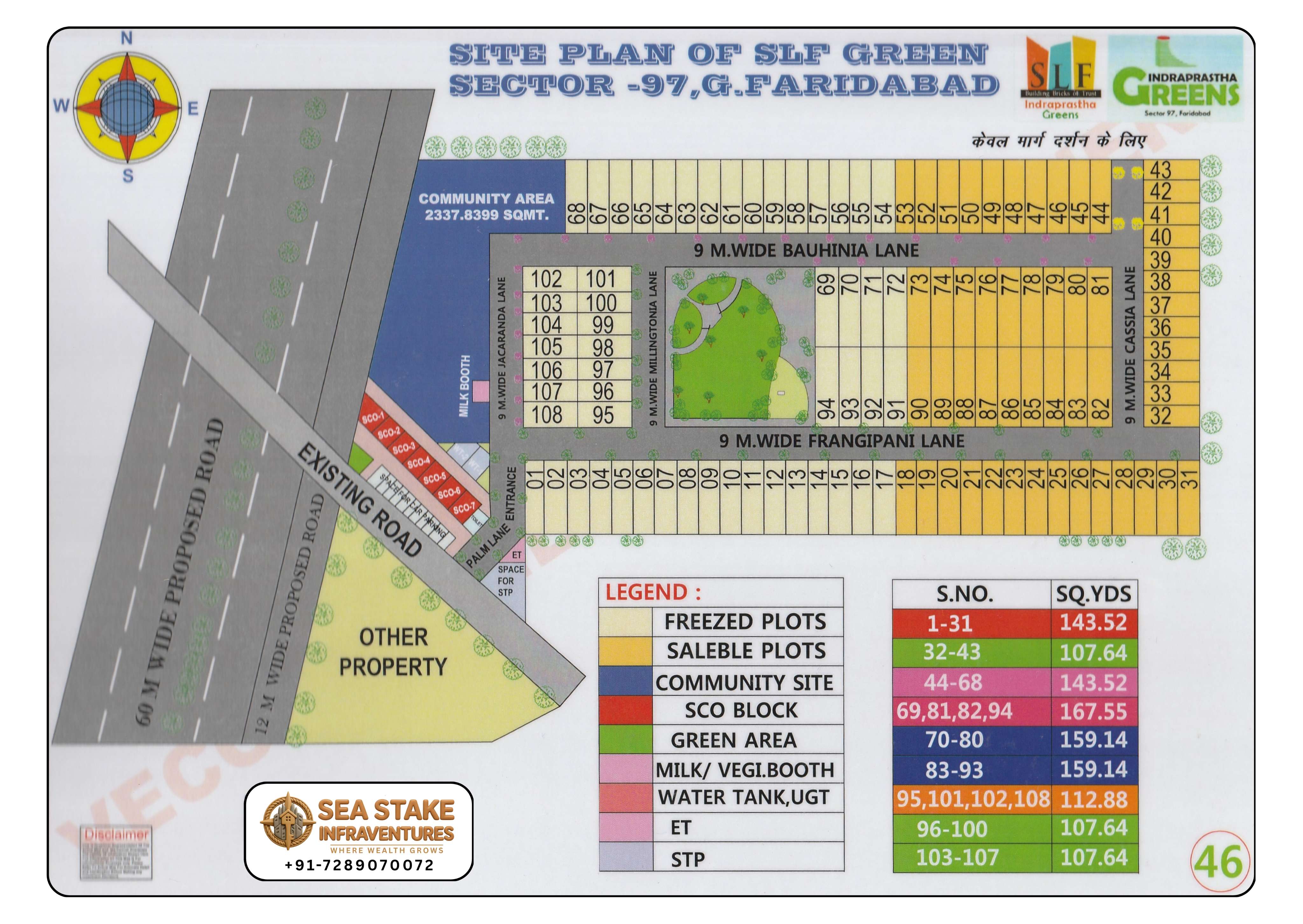 SLF Green Sector 97 Faridabad site plan showing Indraprastha Greens residential plots, SCO block, community area, green parks and internal road layout
