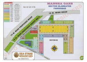 Mansha Oaks Sector 98 Greater Faridabad layout map showing residential plots, commercial shops, community building, green belt, parks and internal road network