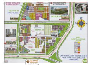 Puri Aman Vilas Sector 88 and 89 Greater Faridabad layout map showing villa plots, luxury residential pockets, parks, schools, commercial areas and road network