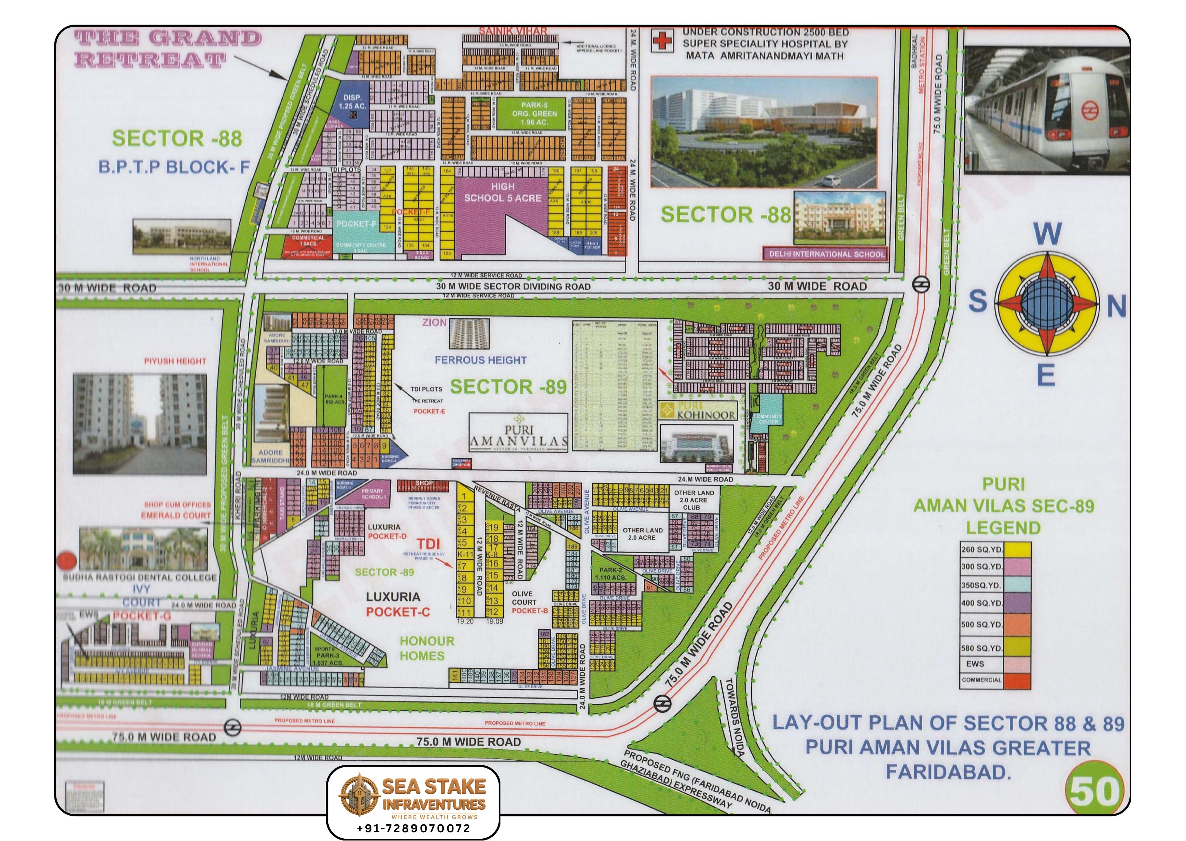 Puri Aman Vilas Sector 88 and 89 Greater Faridabad layout map showing villa plots, luxury residential pockets, parks, schools, commercial areas and road network